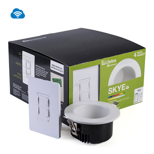 Liteline SLMB4-RGBTW-WH-4KT, 4" Skye OnCloud Round Recessed Downlighting, 12W, 100-135V, 2700-5000K RGB + Tunable White, Wi-Fi Dimming, 4 Pack with Room Controller, White Finish