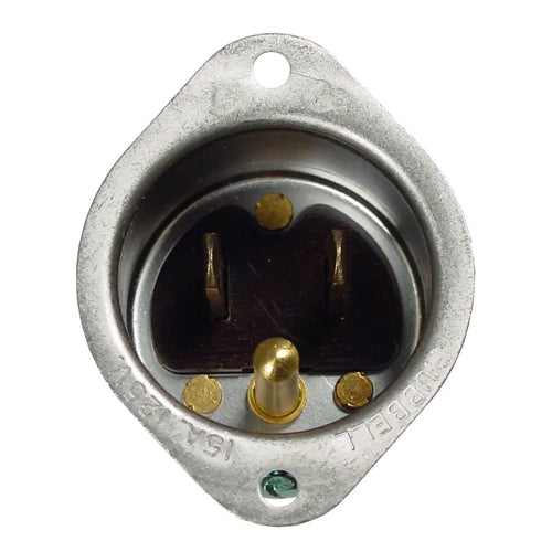 Hubbell HBL5240, Flanged Inlets, Stainless Steel Miniature Flange, Phenolic Body, For Molded On Connectors Only, 15A 125V, 5-15P, 2-Pole 3-Wire Grounding