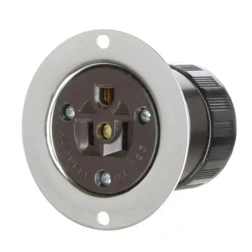 Hubbell HBL5279, Flanged Receptacle, Stainless Steel Flange, Phenolic Body, Covered Terminals, Multiple Drive Screws, 15A 125V, 5-15R, 2-Pole 3-Wire Grounding, Brown