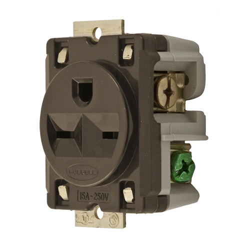 Hubbell HBL5684, Extra Heavy Duty Max Single Receptacles, Panel Mount 1.94 In. (49.3) Centers, 15A 250V, 6-15R, 2-Pole 3-Wire Grounding, Brown