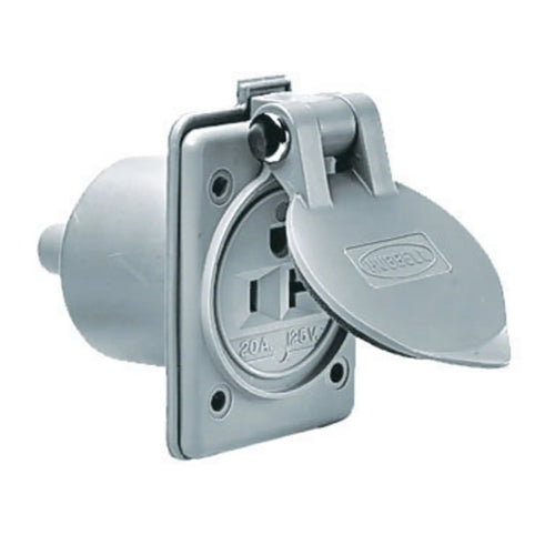 Hubbell HBL61CM65, Flanged Single Receptacle, Weatherproofed, with Lift Cover and Boot, 20A 125V, 5-20R, 2-Pole 3-Wire Grounding, Gray