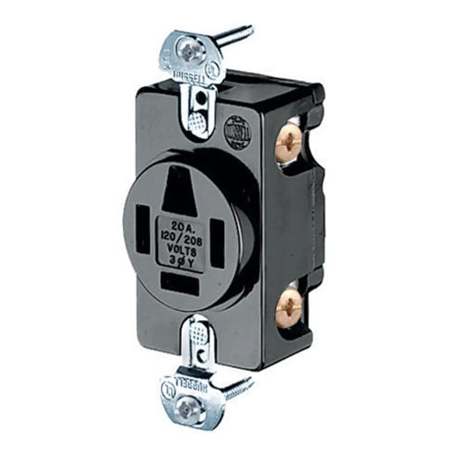 Hubbell HBL7250, Flush Single Receptacle, Industrial Grade, 20A 120/208V, 3 Phase, 18-20R, 4-Pole 4-Wire Non-Grounding, Black