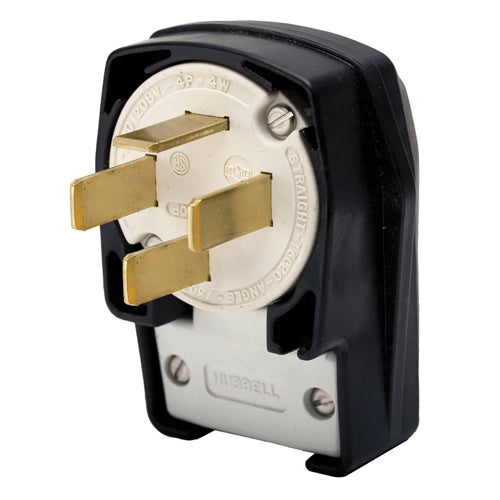 Hubbell HBL7302C, Male Plug, 4-Position, Angled, 60A 120/208V AC, 3 Phase, 18-60P, 4-Pole 4-Wire Non-Grounding, Black