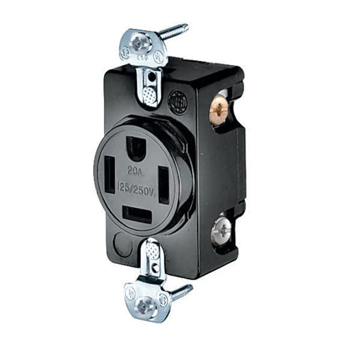 Hubbell HBL8410, Flush Single Receptacle, Back and Side Wired, 20A 125/250V, 14-20R, 3-Pole 4-Wire Grounding, Black