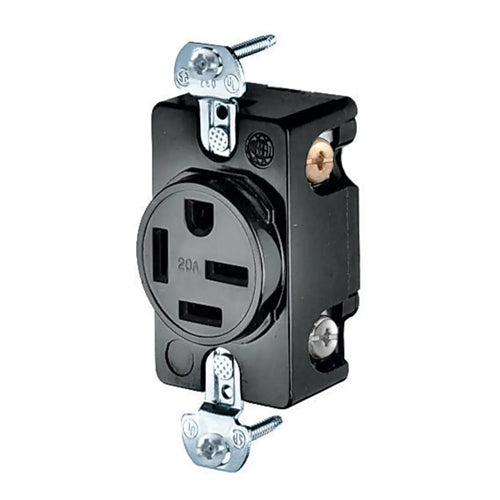 Hubbell HBL8420, Flush Single Receptacle, Back and Side Wired, 20A 250V, 3 Phase, 15-20R, 3-Pole 4-Wire Grounding, Black