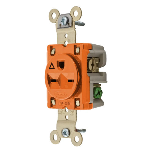 Hubbell IG5661, Extra Heavy Duty Max Single Receptacles, Isolated Ground, 15A 250V, 6-15R, 2-Pole 3-Wire Grounding, Orange